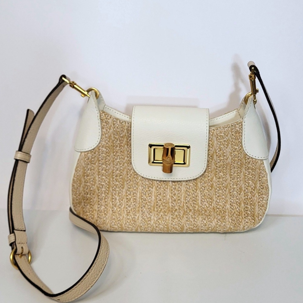 Mark & Graham Womens Woven Straw Leather Bamboo Turn Lock Crossbody Bag White OS